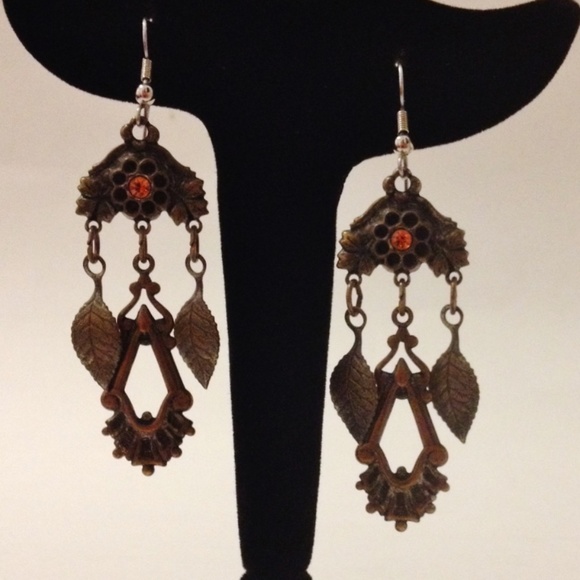 Chandelier Amber Rhinestone Earrings Mixed Metal Flower Leaf Pierced Dangle - Picture 3 of 6